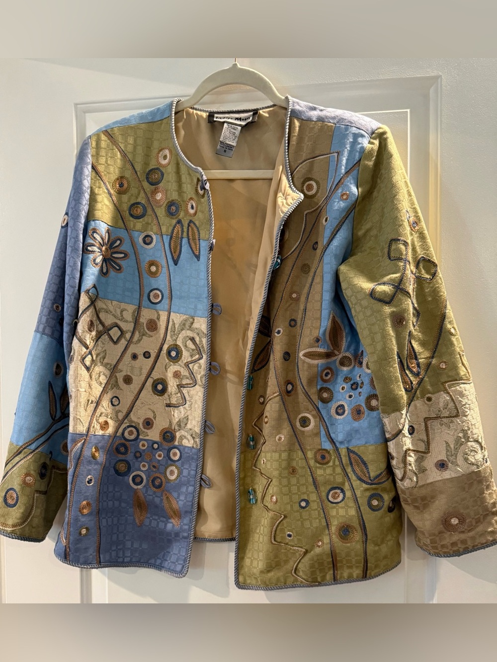 Indigo Moon Patchwork Embroidered Art Glass Button-Front Jacket - Blue & Olive